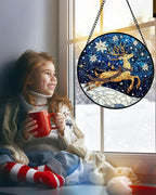 Stained Glass Window Hanging - Reindeer Blue Starry Sky Suncatcher for Doors Home Christmas Decoration Winter Sun Catcher Thanksgiving New Year Birthday Gifts for Women Men Mom Nana 9.8 in