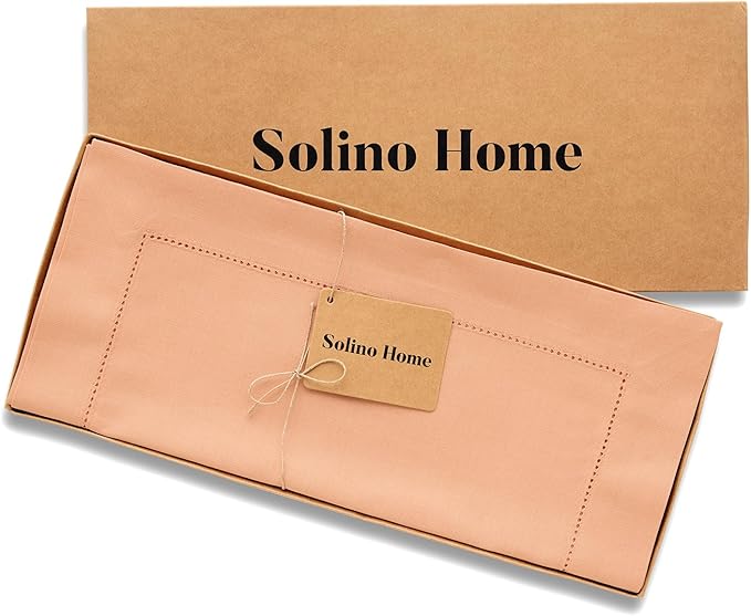 Solino Home Table Runner 120 Inches Long - Cotton Linen Hemstitch Peach Bloom Table Runner 14 x 120 Inch
