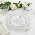 WELLIFE 350pcs Silver Party Dinnerware Set for 50 Guests, Silver Wedding Plates Disposable Heavy Duty, Including :50 Dinner Plates, 50 Dessert Plates, 50 Cups, 50 Napkins, 50 Sliver Silverware Set