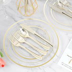 300PCS Clear Gold Plastic Plate Set (50 Guests), Disposable Dinnerware Set for Party, Wedding, Birthday - 100 Plates, 100 Forks, 50 Spoons, 50 Knives for Christmas, Thanksgiving