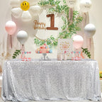 QueenDream Sequin Tablecloth 90x132 Inches Rectangular Silver Table Cloth Glitter Fabric Overlay for Wedding Birthday Bridal Shower Decorations