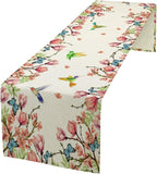 Vintage Watercolor Flower Hummingbird Table Runner Seasonal Spring Garden Plants Birds Florals Farmhouse Country Kitchen Dinner Runner Dining Table Decoration 13"x90"