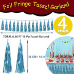 4P Light Blue Foil Fringe Tassel Banner Garland Metallic Tinsel Streamers Wall Hanging Curtain Backdrop Banner for Parade Floats, 2024 Graduation Decorations, Wedding Party Decoration