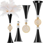 VIJIV Black Crystal Flower Vases for Centerpieces Tables - Tall Trumpet Vase for Bouquet Decorative, Dining Table Décor Flower Stand with Ribbed Texture for Events, Bridal Showers & Boho Weddings
