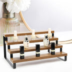 4-Tier Wooden Display Riser Shelf Stand for, Makeup, Cupcake, Condiment & Dolls Collection Home Decor Organizer, Expandable for Pantry/Counter (Brown, 4-Tier)