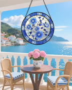 Stained Glass Window Hanging, Blue and White Plum Blossom Sun Catcher for Door Home Decor Flowers Suncatcher Christmas Mother's Day Birthday Gifts for Women Men Mom and Nana 9.8 in