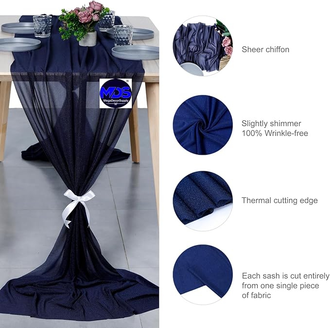 MDS Halloween Chiffon Table Runner - 25 Pack, 29 x 170 Inches, 14ft Each - Sheer Spooky Table Runners for Haunted House Parties, Trick-or-Treat Tables, Witchy Décor, Wedding & Events - Navy Blue