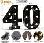 Pooqla Decorative Led Light Up Number Letters, Black Plastic Marquee Number Lights Sign for 40th Birthday Party Wedding Decor Battery Operated Black Number 40