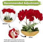Briful Orchid Artificial Flowers 18in Red Fake Orchid Silk Flowers with Gold Ceramic Vase Faux Phalaenopsis Arrangement for Home Office Room Dining Table Centerpiece Modern Decor