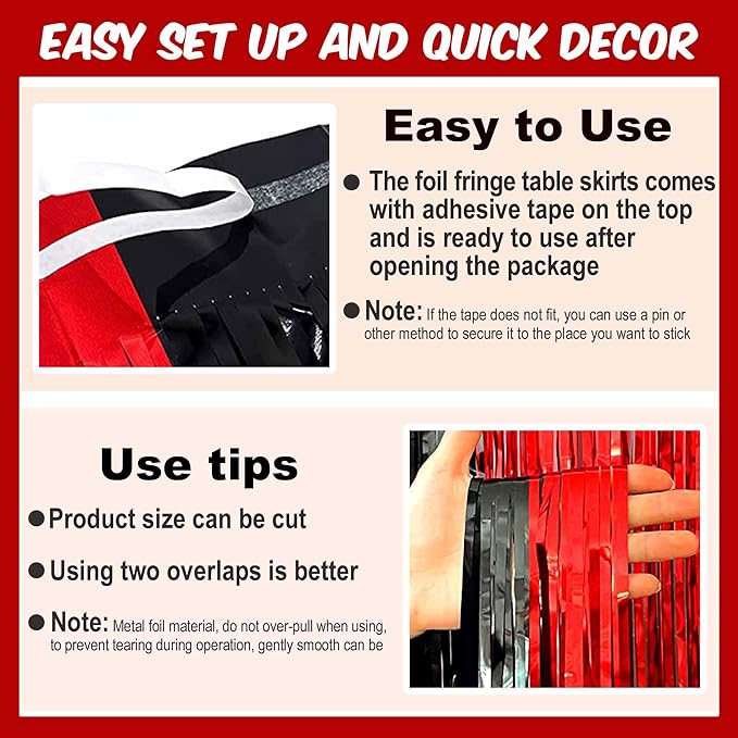 3 Pack Black and Red Foil Fringe Table Skirts Metallic Tinsel Streamers Garland Banner Backdrop for Table Decor, Parade Float, Birthday, Wedding, Halloween, Christmas Party Decorations(29x108 In)