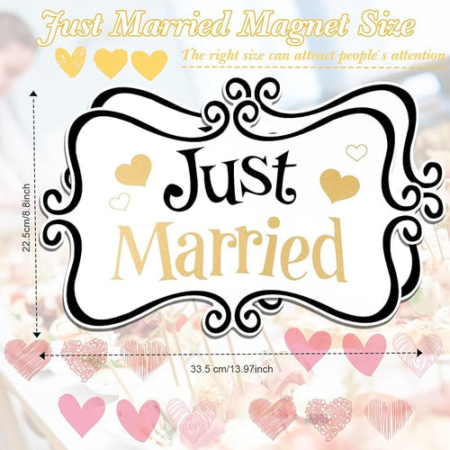 2 Pcs Large Just Married Car Decorations Just Married Car Magnets Sign Decoration 13.9 x 8.8 Inch Honeymoon Rear Tailgate Magnet Stickers for Wedding Door Panel Refrigerator(Black and Gold)