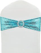 100 Pcs Chair Sashes Sequin Stretch Chair Bands Spandex Polyester Bows for Party Hotel Wedding Banquets Decoration - Aqua