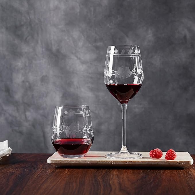 Premium Delight Wine Glasses Set of 4,15 oz – Hand-Blown with Etched Long Stem, Classic Glassware for Weddings, Dinners, and Holiday Gifting (Red Wine Glass)