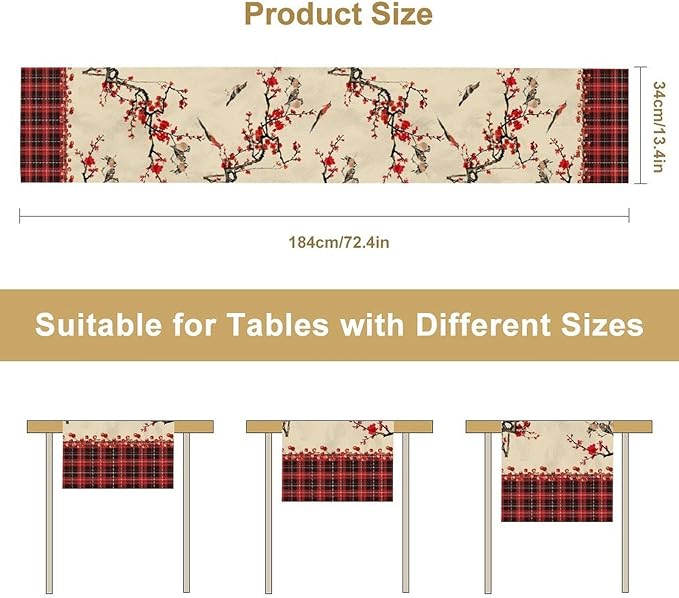 Bird Table Runner,Red Black Buffalo Plaid Blossom Seasonal Table Runner for Kitchen Dining Table Decoration Home Party Decor 13x108 Inch