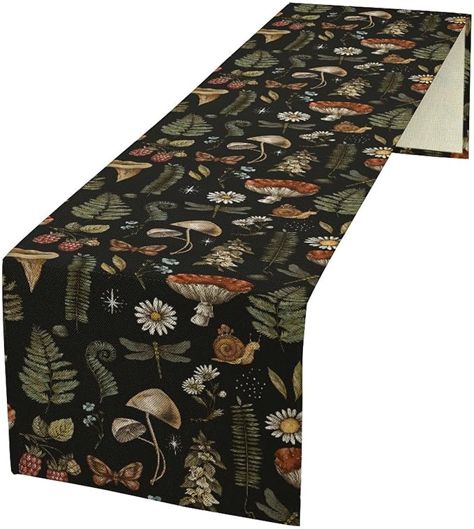 Mushroom Table Runner,Retro Forest Plant Table Runner for Kitchen Dining Table Home Party Decoration 13x90 Inch