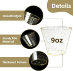 [200 Pack] 9oz Plastic Cups with Gold Glitter Sturdy & Food Safe Plastic Wine Glasses Disposable Cups Party Wedding Cups Cocktail Glasses for Wine, Juice & Cold Beverages