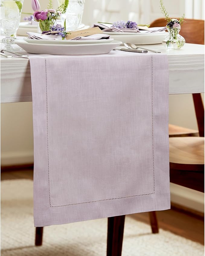 Solino Home Linen Table Runner 36 Inches - 100% Pure Linen Lilac Hemstitch Table Runner 14 x 36 Inch Ideal for Dresser and Coffee Tables - Classic Hemstitch