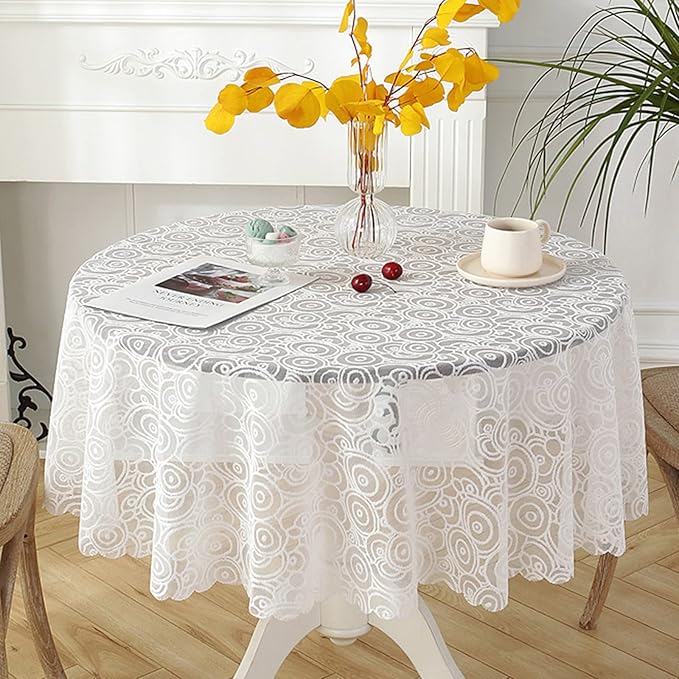 Jeloris Round Lace Tablecloth with Elegant Scalloped Bottom for Any Special Event Such as Wedding, Birthday Party, Baby Shower, Anniversary (48 inch, Style 7)