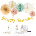 Sage-Green Blush-Pink Beige Birthday Party-Decorations - 21pcs Happy Banner,Cream Light Dusty Pink Paper Lanterns Pom Poms,Rustic Boho Neutral Streamers Garland,Women Girls Decor Supplies Huglony