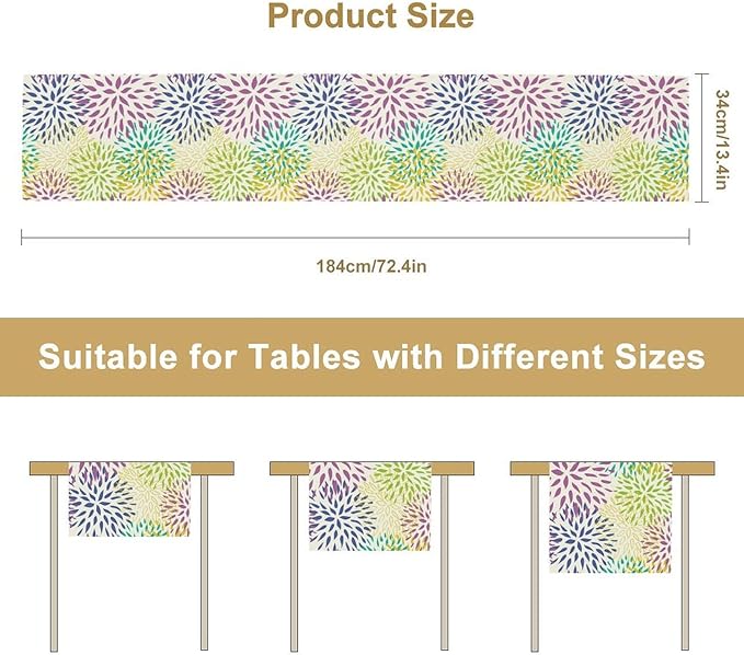 Purple Flowers Table Runner, Chrysanthemum Dahlia Vintage Modern Colorful Spring Summer Elegant Table Runner for Party Kitchen Dining Living Room Laundry Room Decor, 13x90 Inch