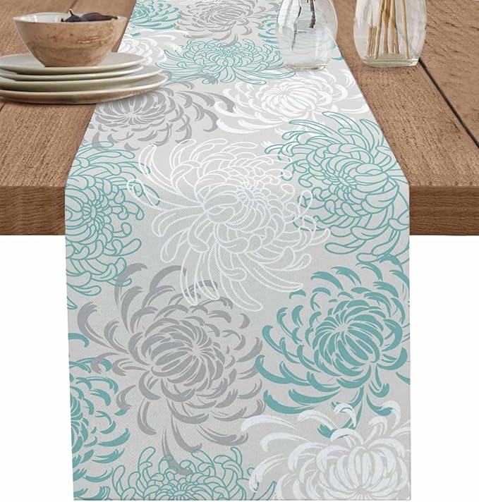 Auqa Chrysanthemum Cotton Linen Table Runner for Dining Kitchen, Wedding Outdoor Party Tablerunners Decoration, Farmhouse Floral Botanical Leaves Dresser Scarf Coffee Tablecloth Runners 13x36 Inches