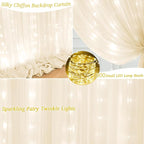 10x10ft Ivory Chiffon Backdrop Curtain with Lights String for Wedding Parites, Sheer Photo Backdrop Curtains for Baby Shower Bridal Shower Birthday Party Ceremony Reception