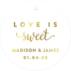 Andaz Press Personalized Round Circle Wedding Gift Tags, Metallic Gold Ink, Love is Sweet, 24-Pack, Custom Made Any Name