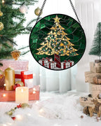 Stained Glass Window Hanging -Gold Green Christmas Tree Suncatcher for Doors Home Christmas Decoration Winter Sun Catcher Thanksgiving New Year Birthday Gifts for Women Men Mom Nana 15 in