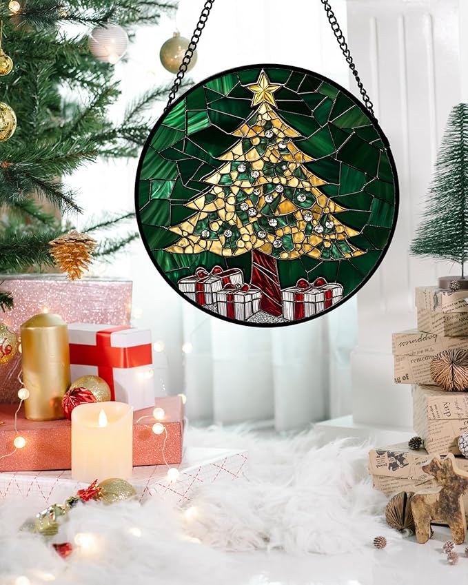 Stained Glass Window Hanging - Gold Green Christmas Tree Suncatcher for Doors Home Christmas Decoration Winter Sun Catcher Thanksgiving New Year Birthday Gifts for Women Men Mom Nana 6.3 in