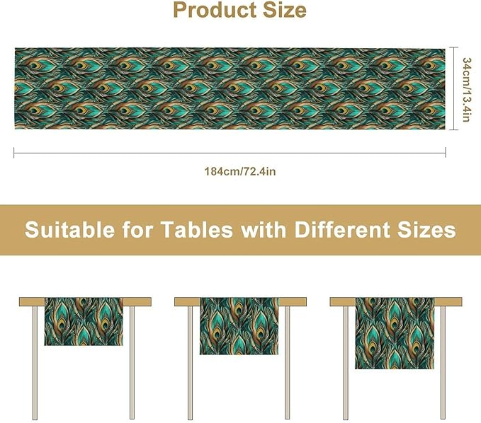 Peacock Feather Table Runner,Retro Aesthetic Green Table Runner for Home Kitchen Dining Party Indoor Outdoor Decoration 13x120 Inch