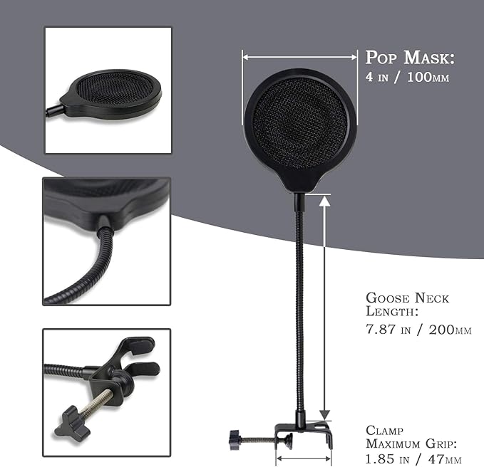 YOUSHARES Pop Filter - 4 Inch 3 Layers Metal Windscreen with Flexible 360° Gooseneck Clip Mic Mask Shield Compatible with Shure MV7 Mic