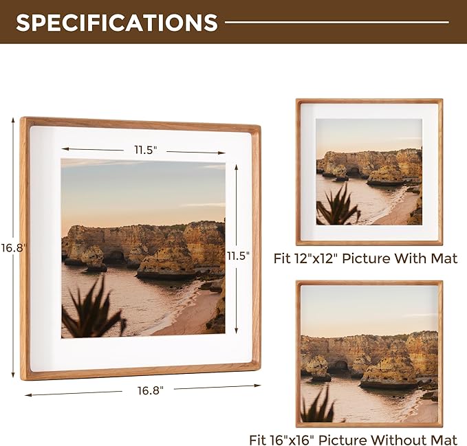 16x16 Picture Frame USA-Sourced Natural Cherry Wood Solid Original Wood Photo Frame Rounded Corner with Mat to 12x12 Picture Display with Real Glass Family, Wedding Picture, Photo, Certificate
