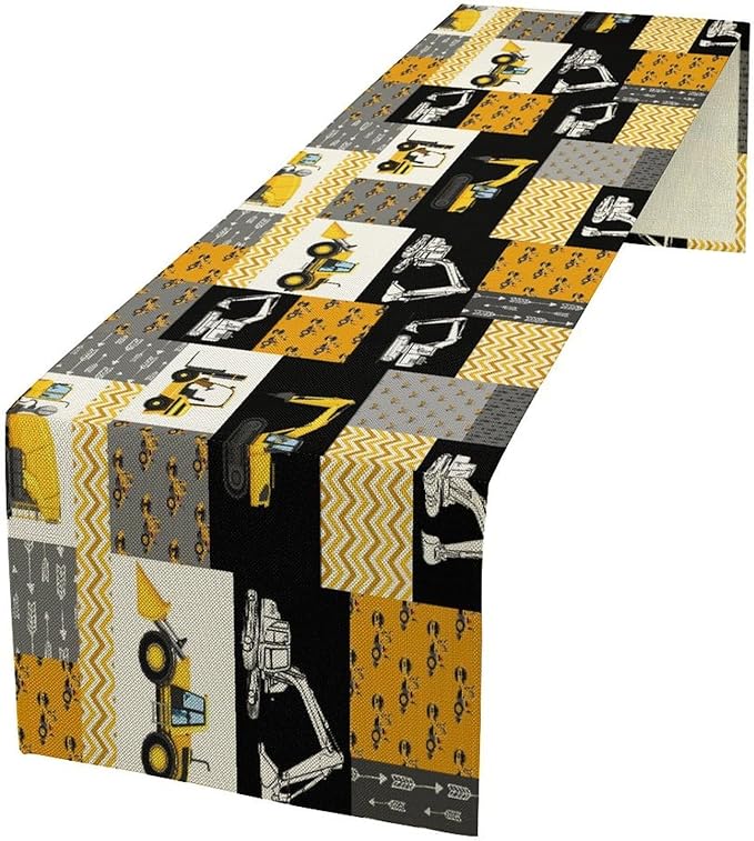 Excavator Table Runner,Boys Kids Construction Vehicles Equipment Trucks Cartoon Car Tablecloth Burlap for Hotel Indoors Outdoor Dining Room Kitchen Holiday Party, 13x90in