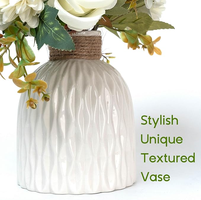 Epicpetal Fake Flowers in Vase, Artificial Pink Flowers in Vase for Decoration Faux Flowers Fake Floral for Home Decor Indoor Dining Table Centerpiece (White)