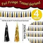 4P Black Gold Foil Fringe Tassel Banner Garland Metallic Tinsel Streamers Wall Hanging Curtain Backdrop Banner for Parade Floats, 2025 Graduation Decorations, Father's Day, New Years Party Decoration