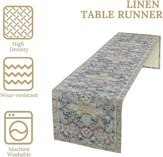 Vintage Boho Floral Table Runner, Rustic Country Farmhouse Blue Yellow Retro Flower Pattern for Home Kitchen Table Decor Dining Coffee Room Party Decor 13x108in