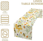 Summer Bee Table Runner, Seasonal Spring Wildflowers Bee Yellow Honeycombs Farmhouse Table Runner for Kitchen Dining Table Home Party Decor, 13x120inch