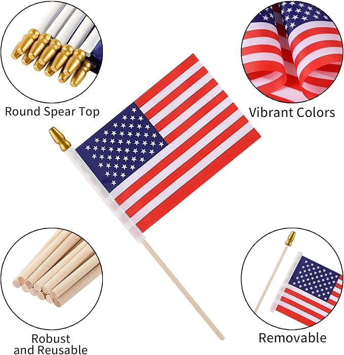 100pcs Small American Flags on Stick, Handheld 8 x 12 Inchs Mini American Flags with Kid-Safe Golden Spear Top, US Flags for 4th of July Decorations Outdoor, Independence Day Decorations