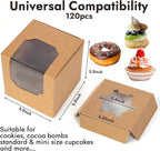 JCD 120pcs Cupcake Boxes, 3.5inches Individual Pre-Assembled Kraft Brown Cupcake Boxes with Window Single Cupcake Containers for Mother's Day, Birthdays, Baby Shower (Brown/120Pcs)