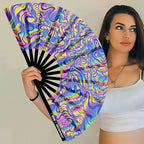 UV Glow Rave Fan, Bamboo Folding Clack Hand Fans Foldable for Men Women, Boots on the Ground Poping Fan for EDM Festival Line Dance Decoration, (Waves-2, Medium 11")