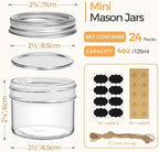 ComSaf Small Regular Mouth Mason Jars 4 oz, 24 Pcs Mini Mason Containers, Small Canning Jars, 4 oz Glass Jar with Lids for Mustards, Dipping Sauces, Jelly, DIY Candle Decor, Wedding Shower Favors