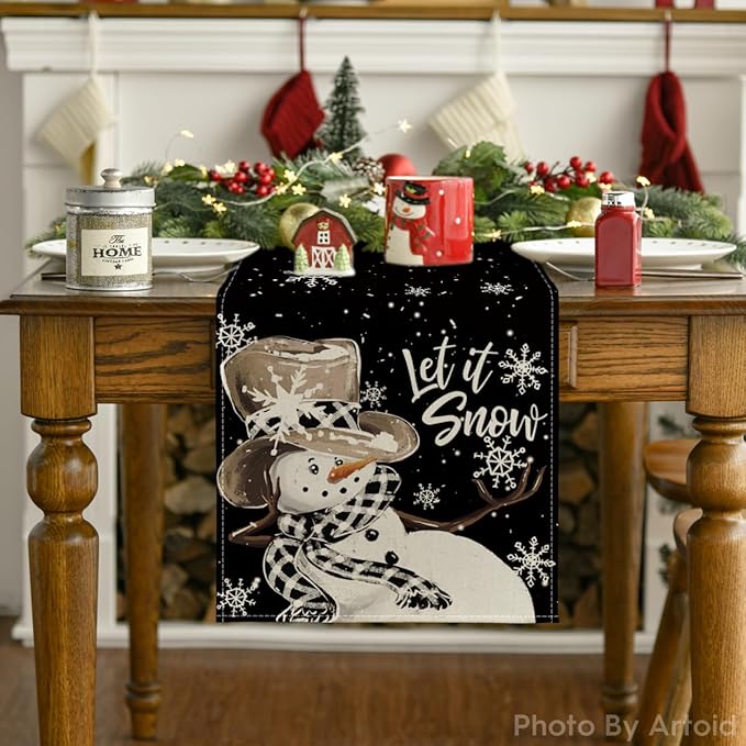 Artoid Mode Black Snowman Snowflake Let it Snow Winter Table Runner, Christmas Kitchen Dining Table Decoration for Home Party Decor 13x48 Inch