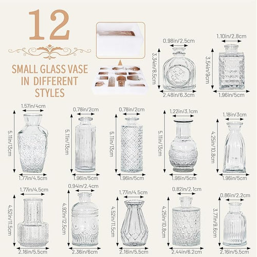 12pcs Mini Bud Vases As Wedding Centerpieces for Tables,Clear Bud Vases for Flowers,Small Flower Vases Suitable for Birthday Party,Anniversary,Wedding Reception,Baby Shower (Clear)