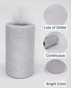 Glitter Tulle Fabric Rolls, 6 Inch 50 Yards (150ft) Sparkling Spool Ribbon Sequin Netting for Tutu Skirt Gift Wrapping Wedding Party Decoration (Silver)