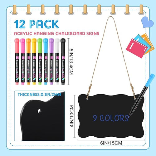 12 Pcs 4 x 6 Acrylic Chalkboard Hanging Sign with Chalk Markers Chalk Board Signs with Hanging String for Wedding Kitchen Home Party Decoration (Wave)