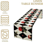 Vintage Rose Table Runner, Red Rose Hearts Black White Checkered Background Table Runner for Kitchen Dinning Table Runner Decor Home Wedding Party Holiday, 13x120 Inch