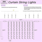 300 LED Rainbow Curtain String Lights 9.8 * 9.8FT Plug in Fairy with Timer and 8 Modes, Waterproof Window Wall Lights for Bedroom Wedding Party Indoor Outdoor Christmas Decor