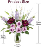 Briful Large Artificial Flowers Floral Arrangement, Mixed Purple Rose, Lilacs, White Orchids Potted Fake Silk Flowers in Clear Vase with Faux Water, Eucalyptus Stem Decor, Elegant Home Office Décor