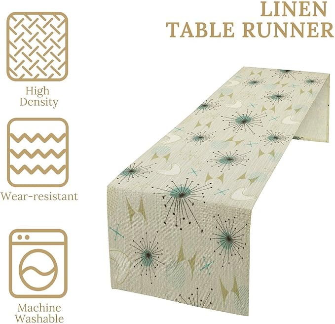 Mid Century Table Runner, Flag Retro Atomic Starburst 1950s Abstract Geometric Space Tabletop Decoration for Home Kitchen Restaurant Table Flag 13x60 Inch