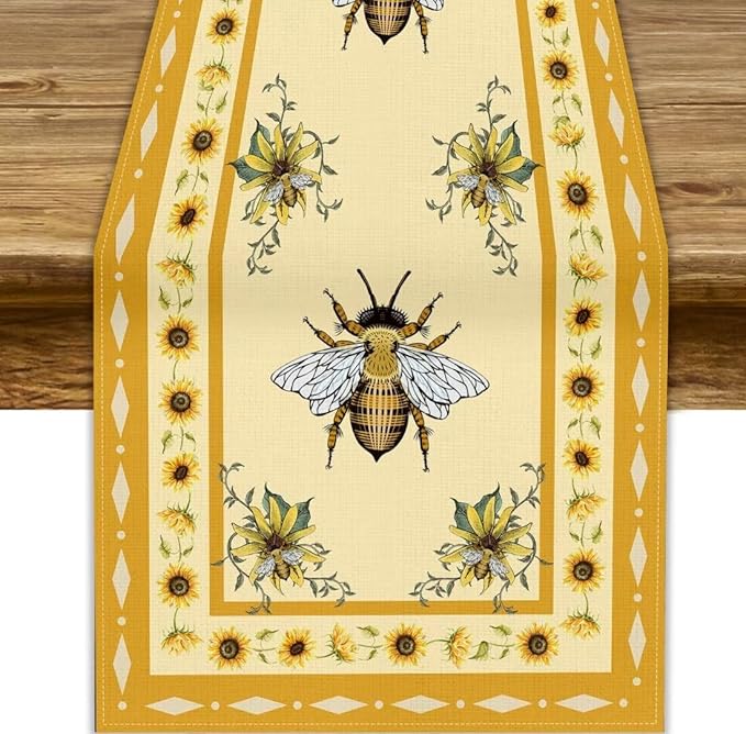 Honey Bee Table Runner, Farmhouse Yellow Sunflower Retro Summer Linen Tables Runners for Kitchen Dining Table Home Party Decor, 13x36inch